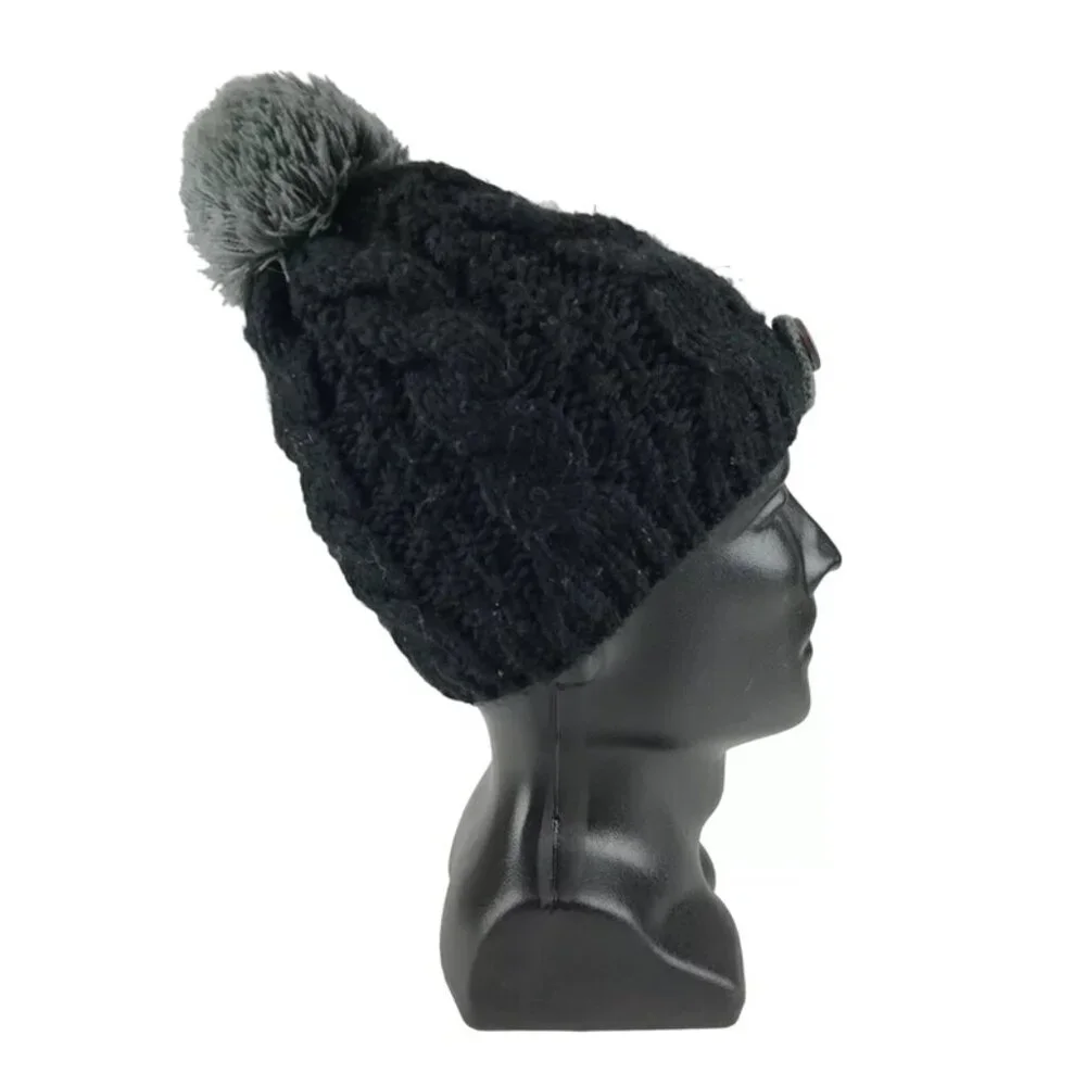 Moon Shadow Womens Black Gray 100% Acrylic Pom Top Knitted Beanie Hat One Size - Picture 7 of 11